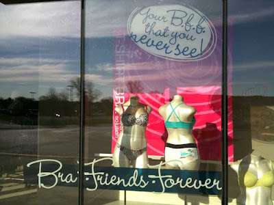 Store window with mannequins in bras and underpants, window labeled Bra Friends Forever
