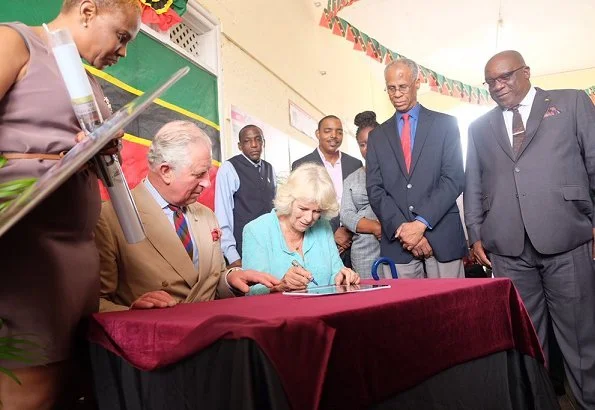 The Duke and The Duchess were greeted by Sir Tapley Seaton, Govenor-General, and Prime Minister Timothy Harris