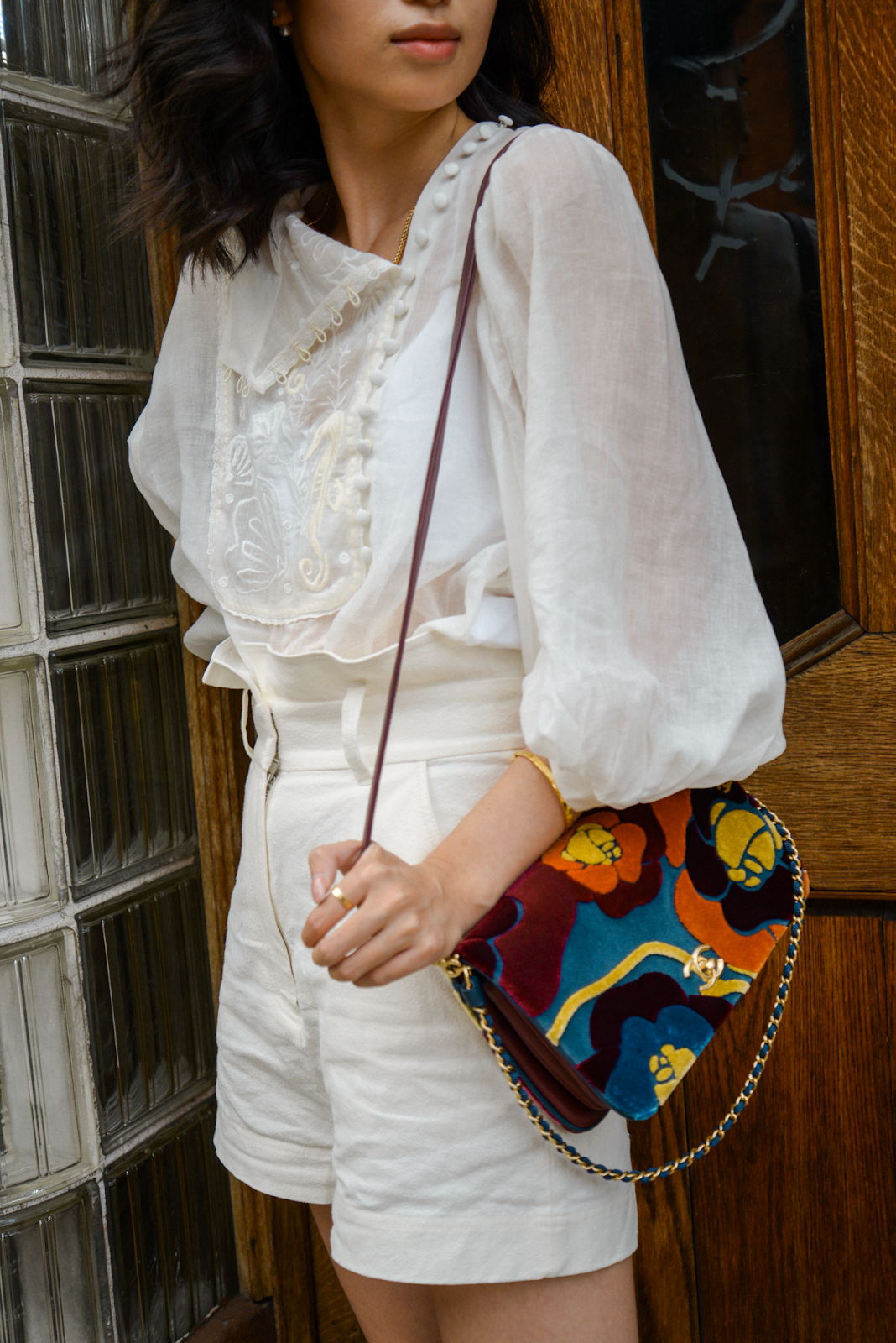 Other stories white linen blend top and bottom, Chanel camellia velvet bag, easy summer outfit, one of a kind Chanel bag from Rebag, white summer outfits, white highwaisted shorts, FOREVERVANNY, personal style blog by Van Le