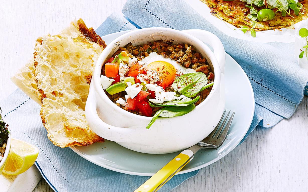 Turkish breakfast clay pots with spiced mince and eggs recipe