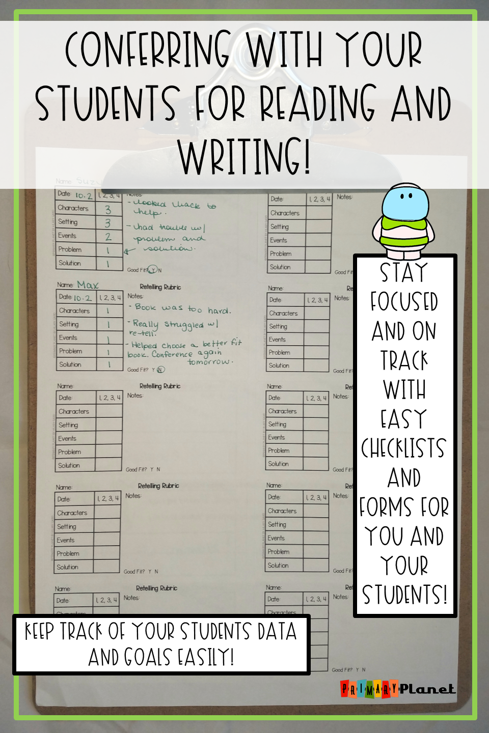 Looking for a way to track your students reading comprehension strategies during independent reading conferences? Check out this post with tips for using reading conference forms, checklist labels, and rubrics to help a teacher keep track of your students during small groups and readers workshop! This conferring product also has questions to ask your students during conferences. There are also "My teacher and I read together today" stickers to send home with your students. Looking for a way to track your students writing progress during writers workshop? Check out this post with tips for using writing conference forms, checklist labels, and rubrics to help a teacher keep track of your students during small groups and Work on Writing! This conferring product also has goal setting labels, checklists, and sheets for you to keep track of your students progress. Keep your writing conferences focused and useful! Great way to collect writing data as well!