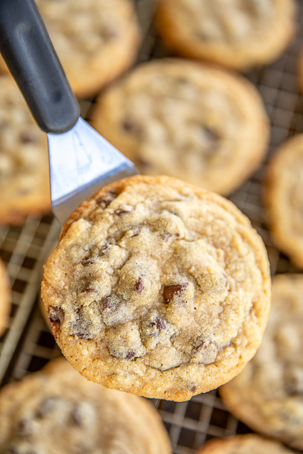 Ritz Carlton Chocolate Chip Cookies Recipe - seriously the BEST chocolate chip cookie EVER! Crispy on the outside and chewy on the inside. PERFECT! Butter, brown sugar, salt, eggs, chocolate chips, flour, vanilla, and baking powder. Can freeze cookie dough unbaked for a quick treat later. Makes a great gift too! I take these to parties and potlucks and never have any leftovers! You must make these ASAP! #cookies #chocolatechipcookies #chocolatechip chocolate chip cookie on a spatula