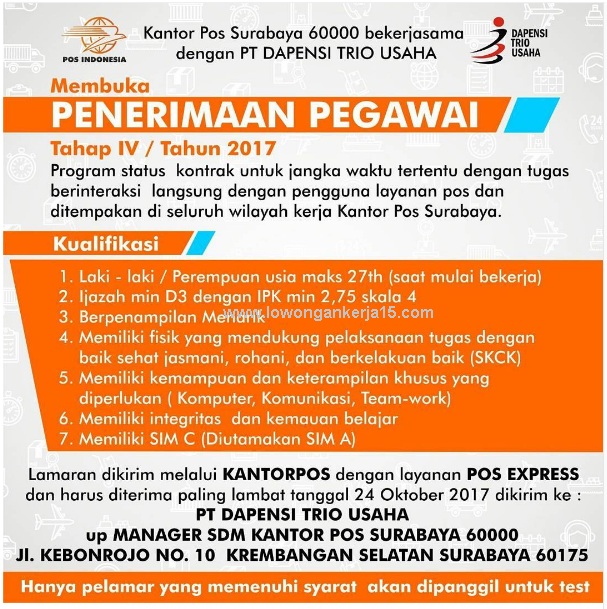 Lowongan Kerja Terbaru Pegawai Kontrak Pt Pos Indonesia Persero