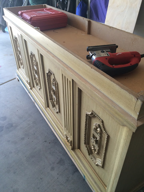 making two pieces of furniture, hutch to buffet, hutch to media console, how to paint hutch