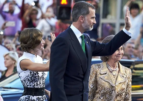 King Felipe VI and Queen Sofia. Queen Letizia wore Felipe Varela Floral-Embroidered dress, Magrit Pumps