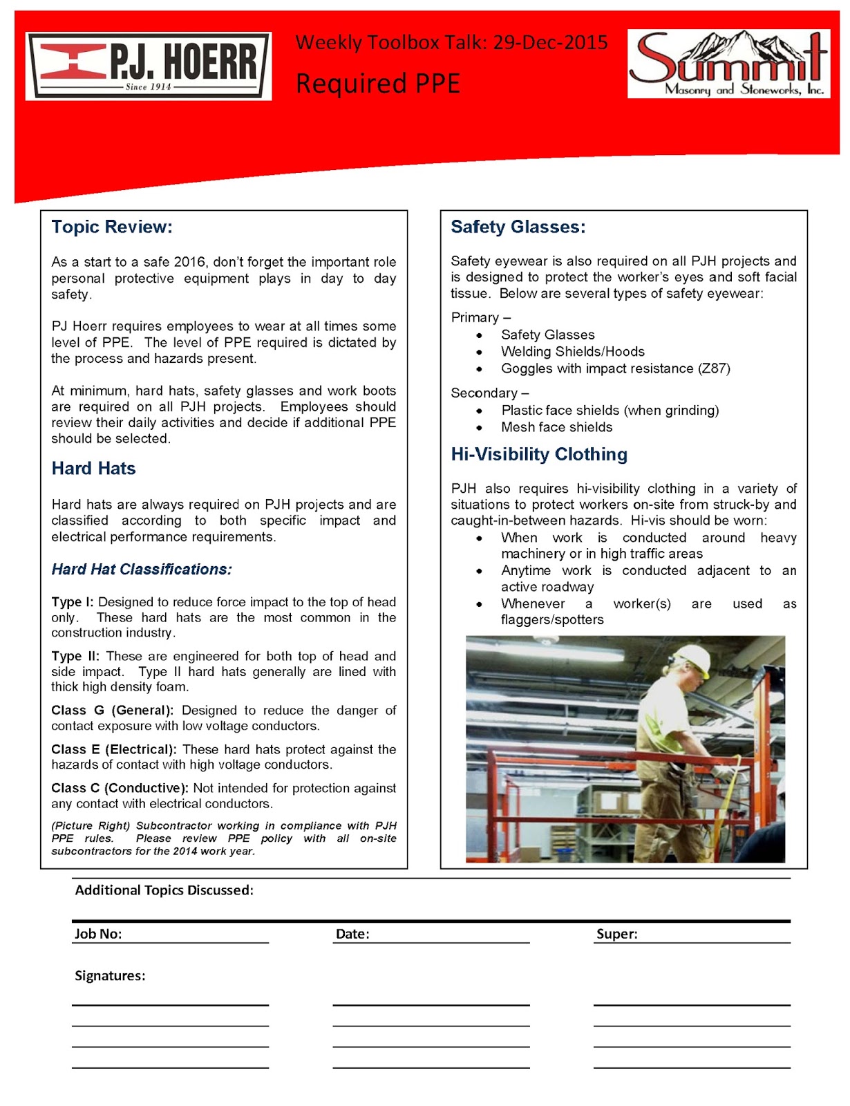 P.J. Hoerr, Inc. P.J. Hoerr & Summit Masonry Weekly Toolbox Talk