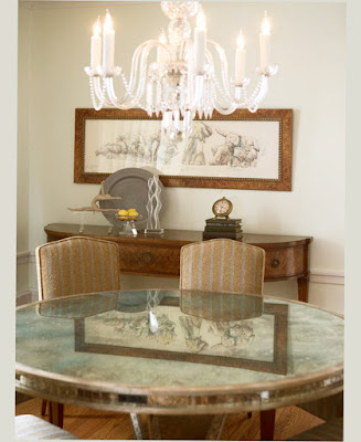 Pic of Bassett Mirror Dining Table Shinny With Unique Lamp and Painting