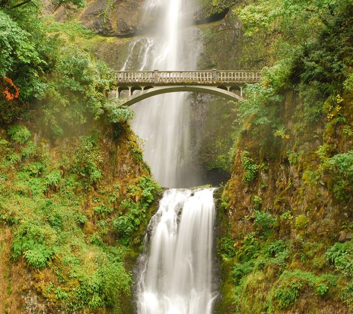 Multnomah Falls is a waterfall on the Oregon side of the Columbia River Gorge, located east of Troutdale, between Corbett and Dodson, along the Historic Columbia River Highway. The falls drops in two major steps, split into an upper falls of 542 feet (165 m) and a lower falls of 69 feet (21 m), with a gradual 9 foot (3 m) drop in elevation between the two, so the total height of the waterfall is conventionally given as 620 feet (189 m). Multnomah Falls is the tallest waterfall in the State of Oregon. It is credited by a sign at the site of the falls, and by the United States Forest Service, as the second tallest year-round waterfall in the United States. However, there is some skepticism surrounding this distinction, as Multnomah Falls is listed as the 137th tallest waterfall in the United States by the World Waterfall