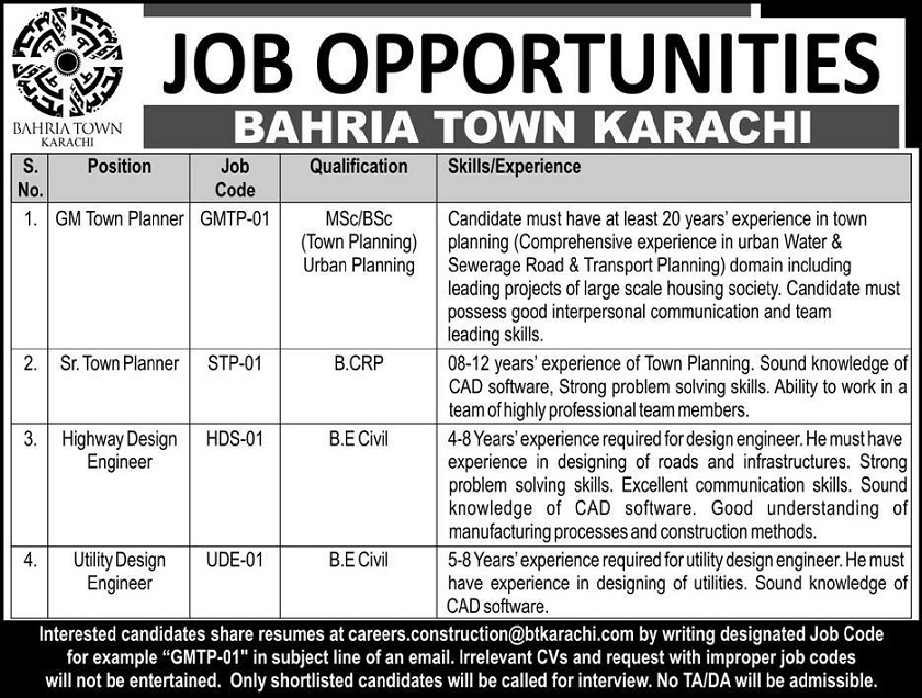 Jobs for Engineers Jobs in Sindh, Jobs in Karachi, Latest Jobs in Pakistan, Jobs for Civil Engineers in Bahria Town, Town Planner Jobs in Pakistan, Town Planning Jobs in Pakistan