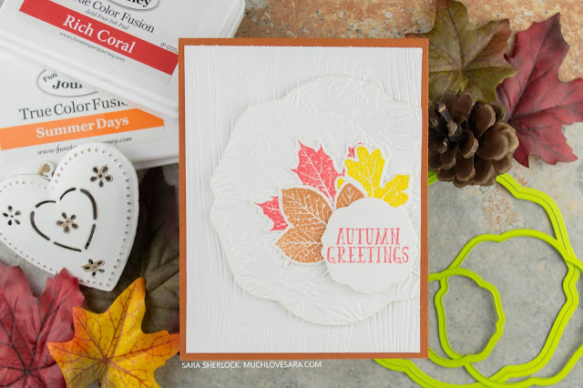 This textured and layered fall card, was created using Fun Stampers Journey Hello Fall bundle, and Barn Wall and Changing Seasons Embossing Folders.  