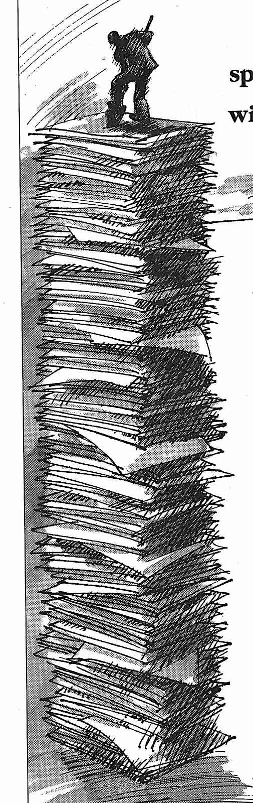 1986 office workload a 1986 illustration about office workload, a giant stack of paper