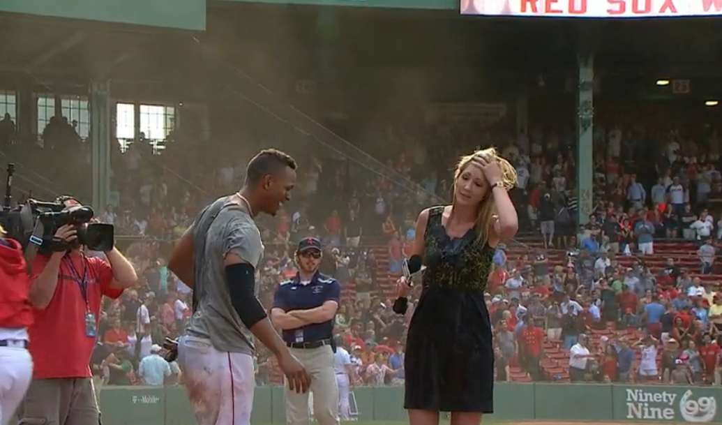 Sox reporter Guerin Austin got destroyed by Gatorade shower...wasn't