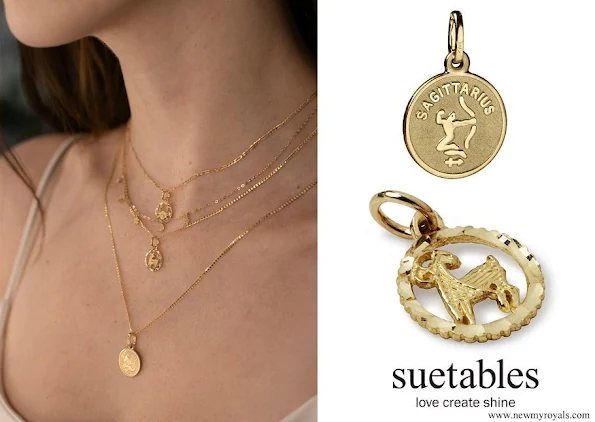 Meghan Markle wore Suetables Vanessa Gold Zodiac Horoscope Charm Necklace and Shirley Horoscope Pendant Necklace