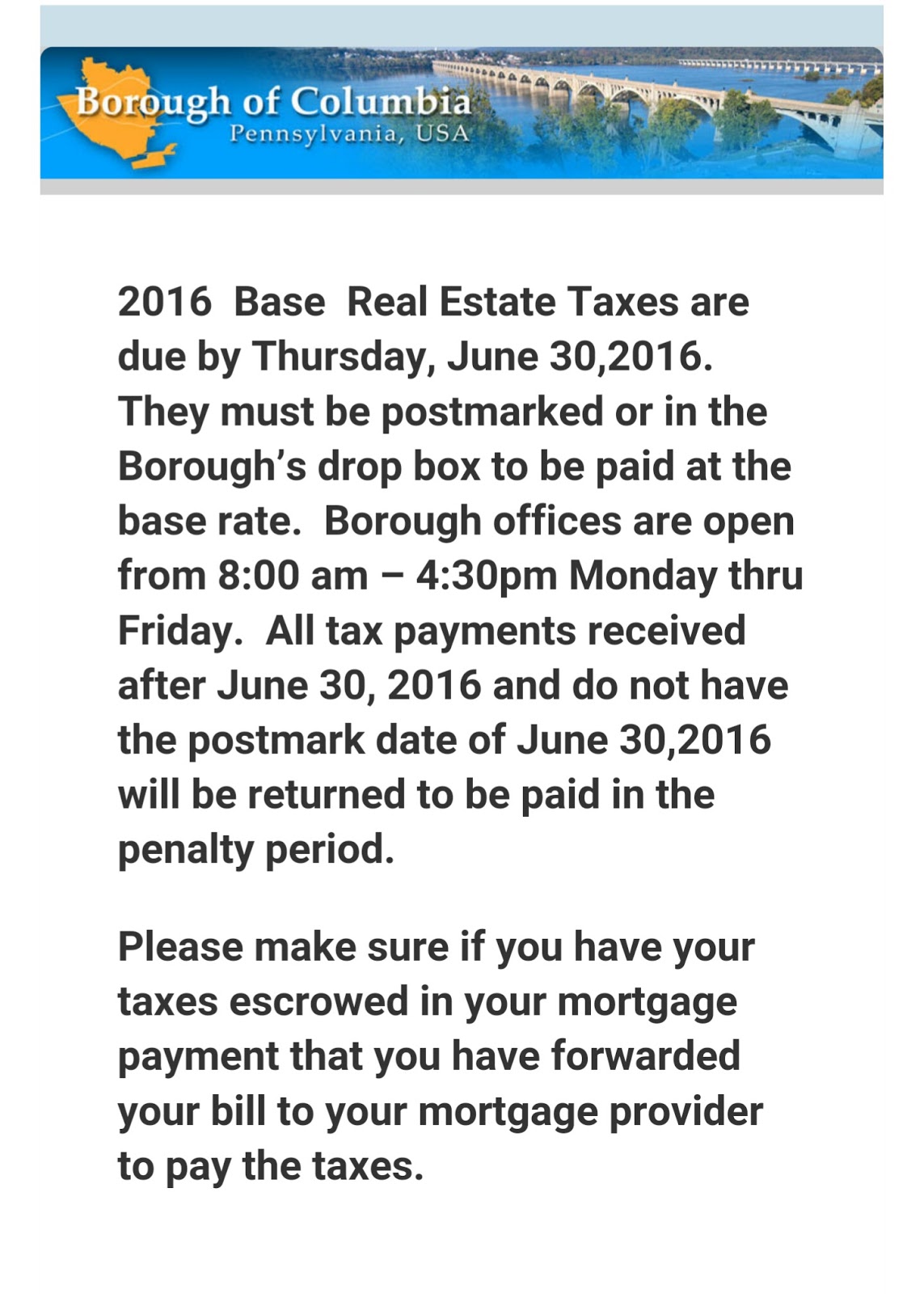 Real estate taxes due Columbia Spy