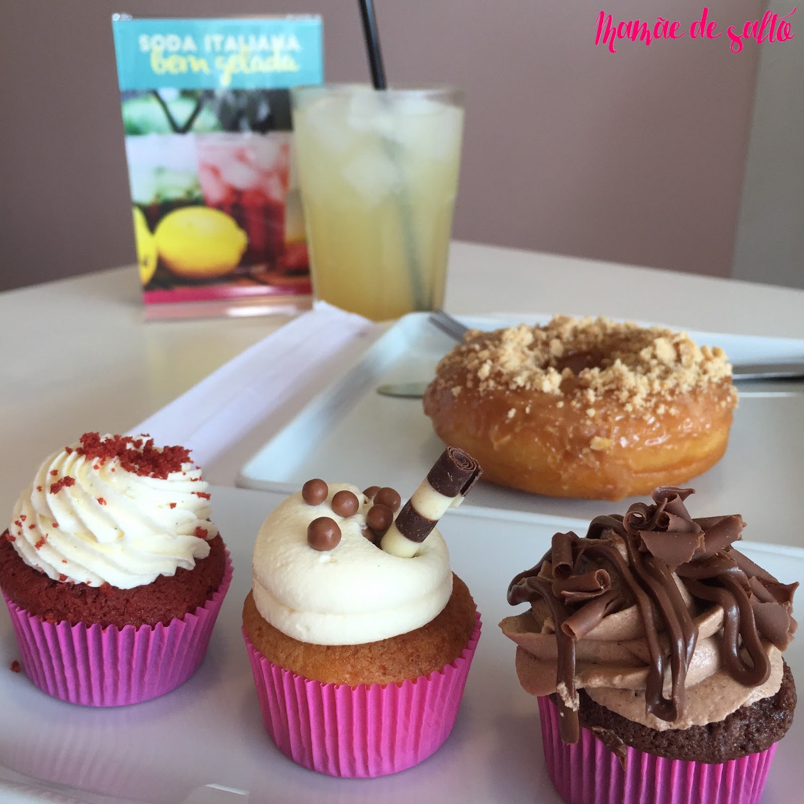 soda limonada, donuts doce de leite, cupcake chocolate branco, nutella, red velvet Sugar Bakery Curitiba/PR ... blog Mamãe de Salto