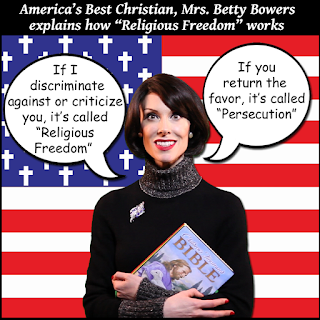 Title:  America's Best Christian, Mrs. Betty Bowers, describes how religious freedom works.   Image of woman holding Bible saying, 