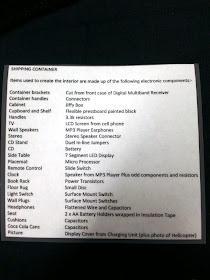 List of electronic parts to make the contents of a one-twelfth scale shipping container room contents.