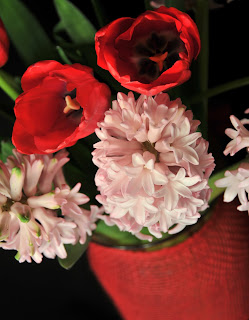 VAlentine's Flowers pink hyacinth and red tulips
