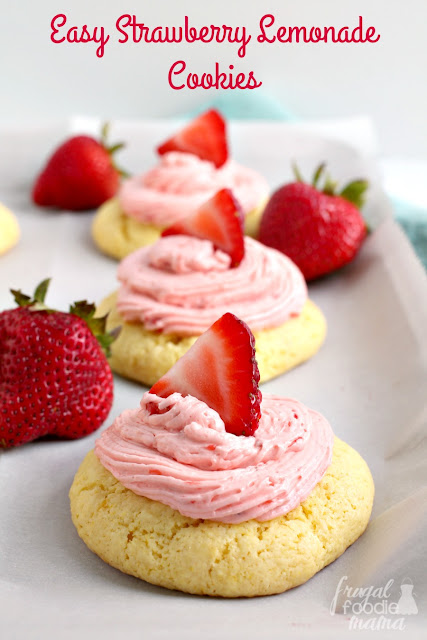 Inspired by a favorite summertime drink, these Easy Strawberry Lemonade Cookies start with a box of lemon cake mix & are topped with a fresh strawberry buttercream.