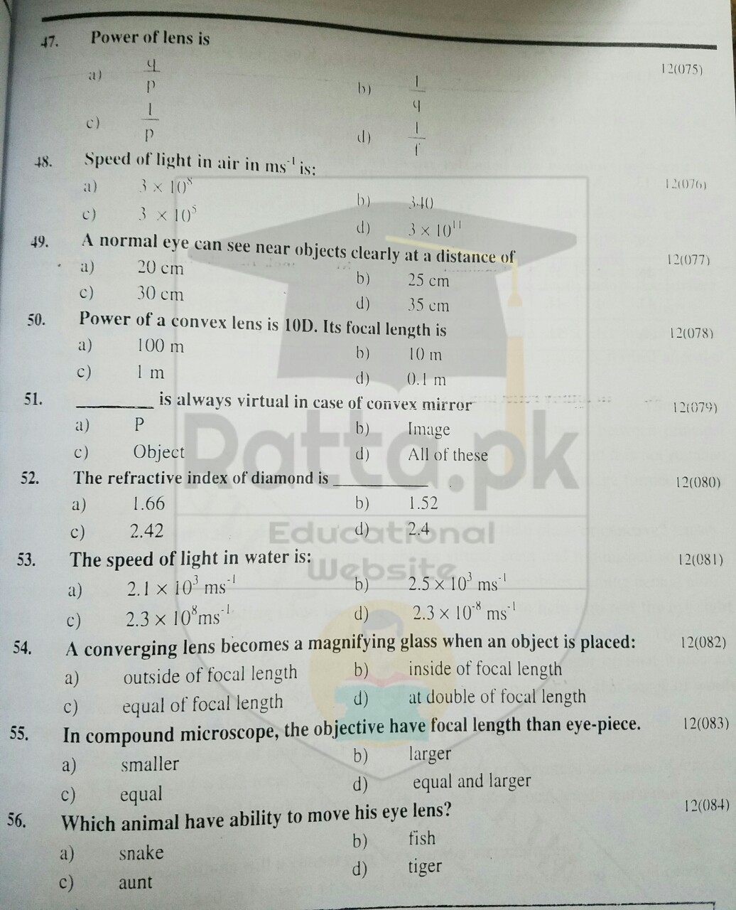 10th Physics Chapter 12 Geometrical Optics MCQs Matric Physics Notes