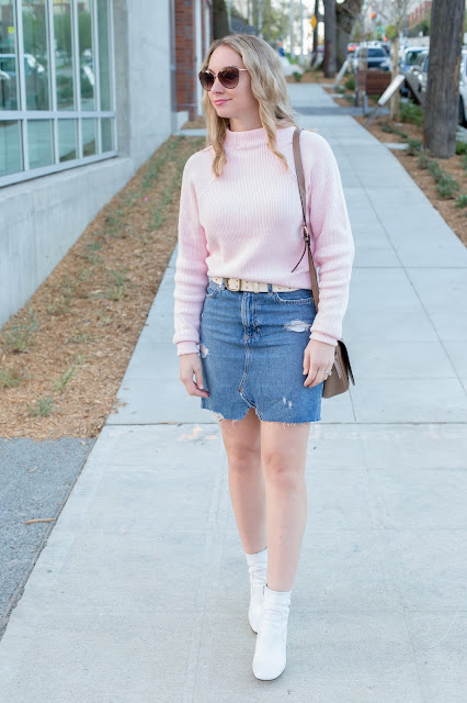 Spring Style: Denim Skirt + White Ankle Boots