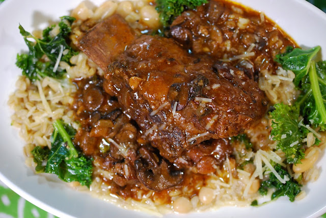 Braised Short Ribs with Mushrooms and Barley and Bean Risotto.