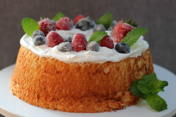 Homemade Angel Food Cake with Sugared Berries