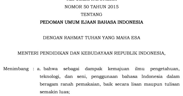 Download Permendikbud Nomor 50 Tahun 2015 Tentang Pedoman Umum Ejaan Bahasa Indonesia Dadang Jsn