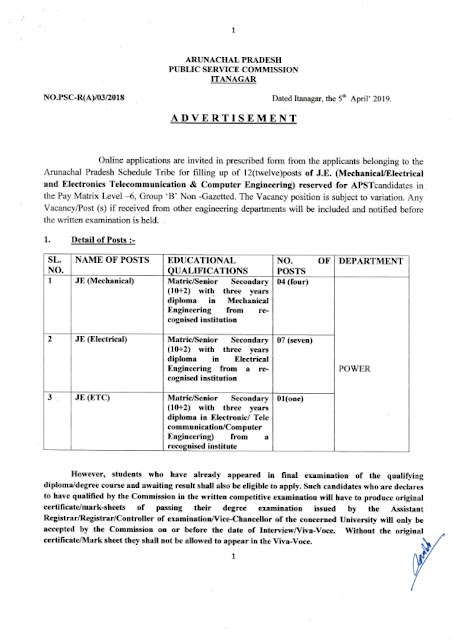 JE Post in Arunachal Pradesh PSC