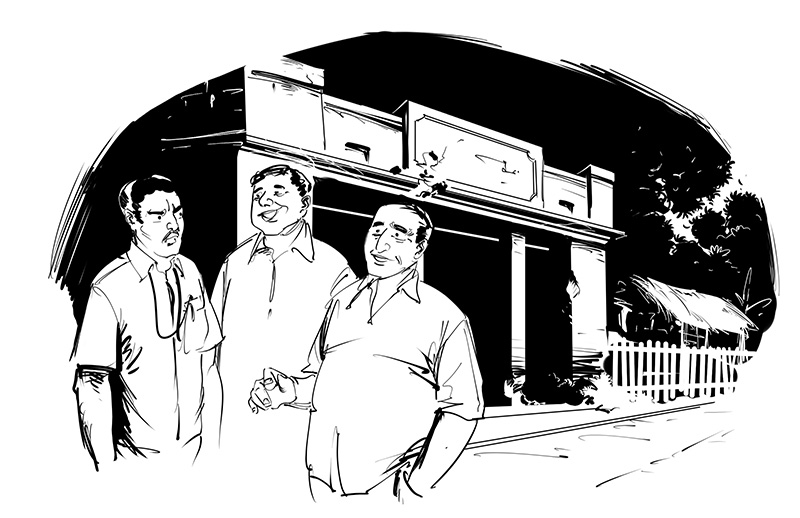 horror story black and white illustration sketch train station men talking