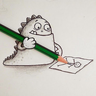 Doodle o garabato de dinosaurio interactuando con su entorno