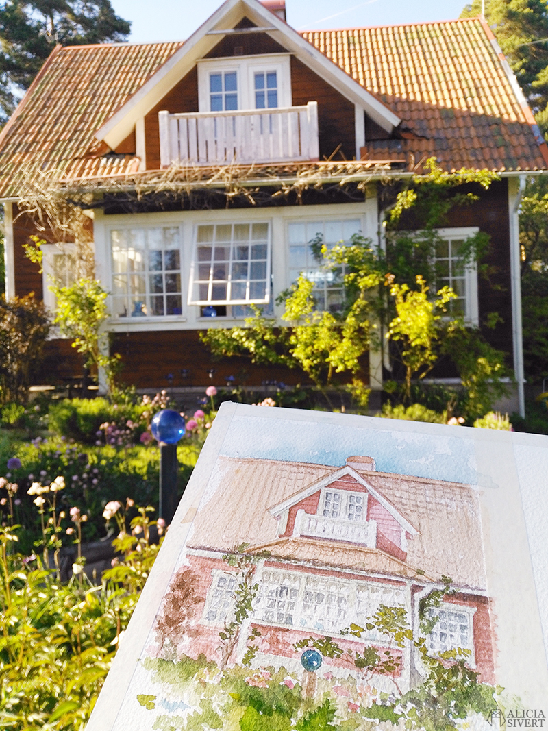 Akvarell av Alicia Sivertsson. House watercolour by Alicia Sivertsson. aliciasivert alicia sivertsson alicia sivert skapa skapande kreativitet konst måleri måla målning målningar paint painting akvarell akvareller husakvarell hus house vattenfärg water colour water color falurödfärg faluröd färg villa sommar friluftsmåleri friluft måla utomhus beställa beställning present