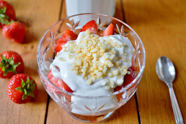 Strawberries and Dairy Free Cream with Toasted Macadamia Nuts