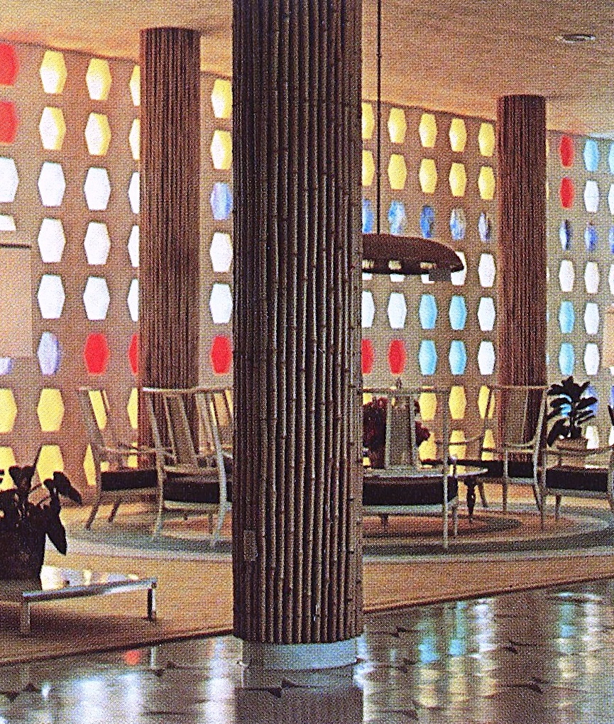 bamboo covered columns in a 1950s hotel lobby bamboo covered columns in a 1950s hotel lobby, a color photograph