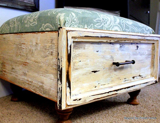 this vintage dresser door has a new life as an adorable ottoman