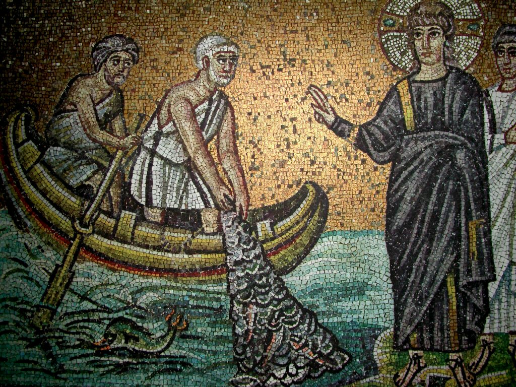 Apostolo Andrea: Sant'Apollinare Nuovo, Ravenna, Mosaico della Vocazione di San Pietro e Sant'Andrea, V secolo