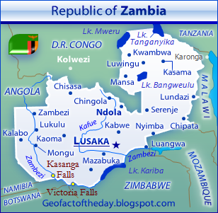 General reference map of Zambia depicting cities, neighboring countries, major lakes, and major rivers General reference map of Zambia depicting cities, neighboring countries, major lakes, and major rivers