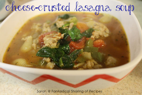 Cheese-Crusted Lasagna Soup - a slow simmered Italian #soup with spinach and lots of cheeses!