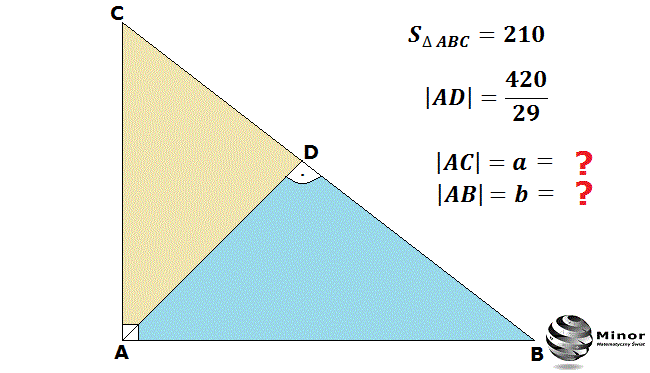 Pole trójkąta prostokątnego ABC jest równe 210, a wysokość poprowadzona z wierzchołka A kąta prostego tego trójkąta ma długość 420/29. Oblicz długości pozostałych boków trójkąta prostokątnego.  