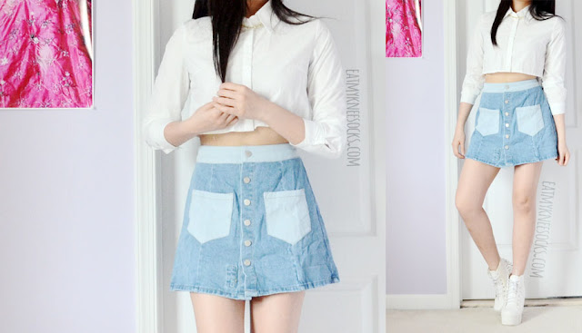 Zaful Fashion Review: Denim Button-Front Skirt + Black Grid Skirt A summer-ready outfit featuring the denim button-front patchwork light waist rose patch embroidered a-line mini skirt from Zaful, paired with a white cropped long sleeve buttoned shirt and platform boots.