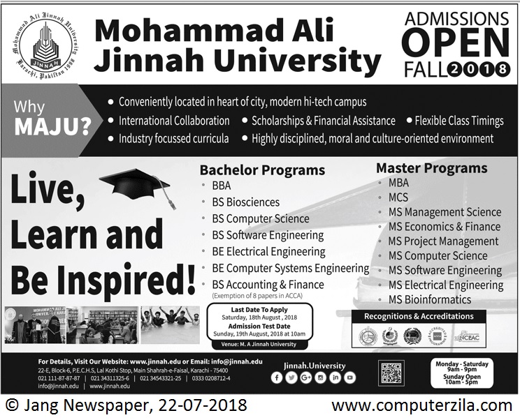 Muhammad Ali Jinnah University Admissions Fall 2018