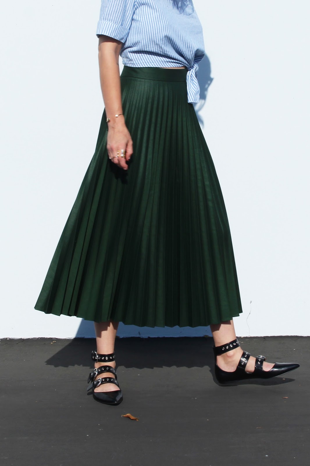 pleated midi skirt, ballet flats, off shoulder top pleated midi skirt, ballet flats, off shoulder top
