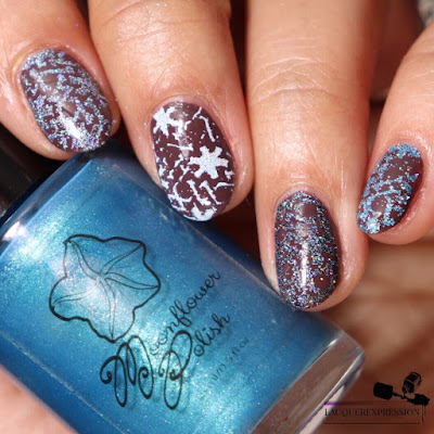 pigment and glitter stamping nail art technique using light blue microglitter from Moonflower Polish