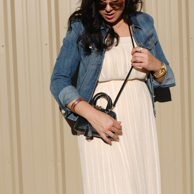 Winter white maxi dress, J.Crew jean jacket, gold aviator sunglasses and a mini crossbody Prada BL0851