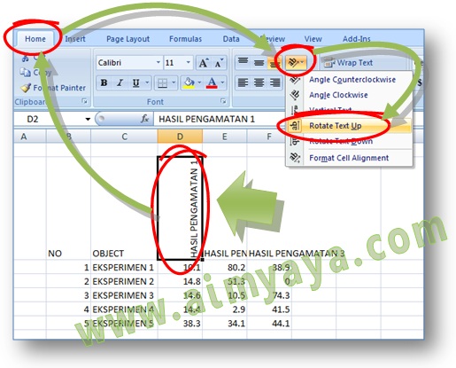 Gambar: Cara Membuat orientasi teks menjadi vertikal, miring, atau diagonal di Microsoft Excel 2007