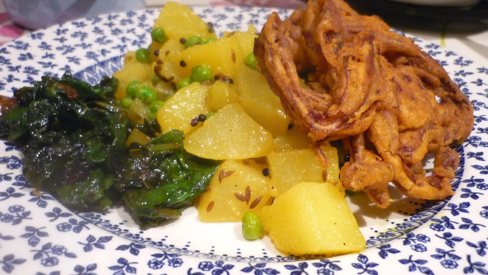 Kitchen Fairies Onion bhaji; potato, turnip and pea curry; spinach thingy