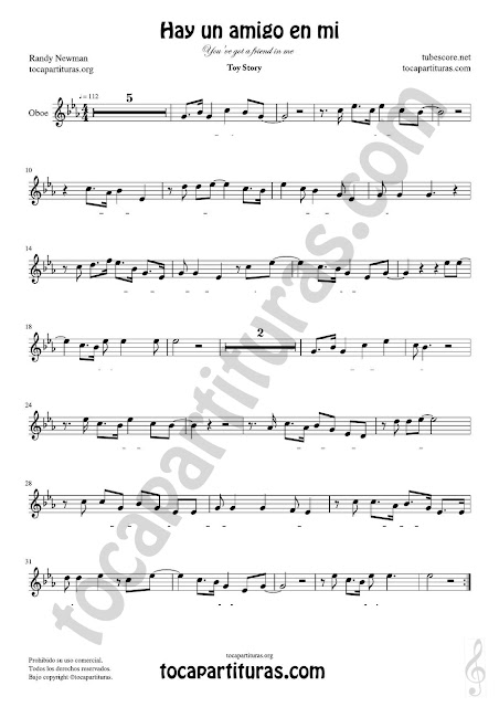  Oboe Partitura de Hay un amigo en mi Sheet Music for Oboe Music Score