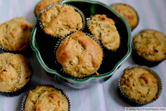 Photo of green tea muffins with chunks of apricots and pistachios