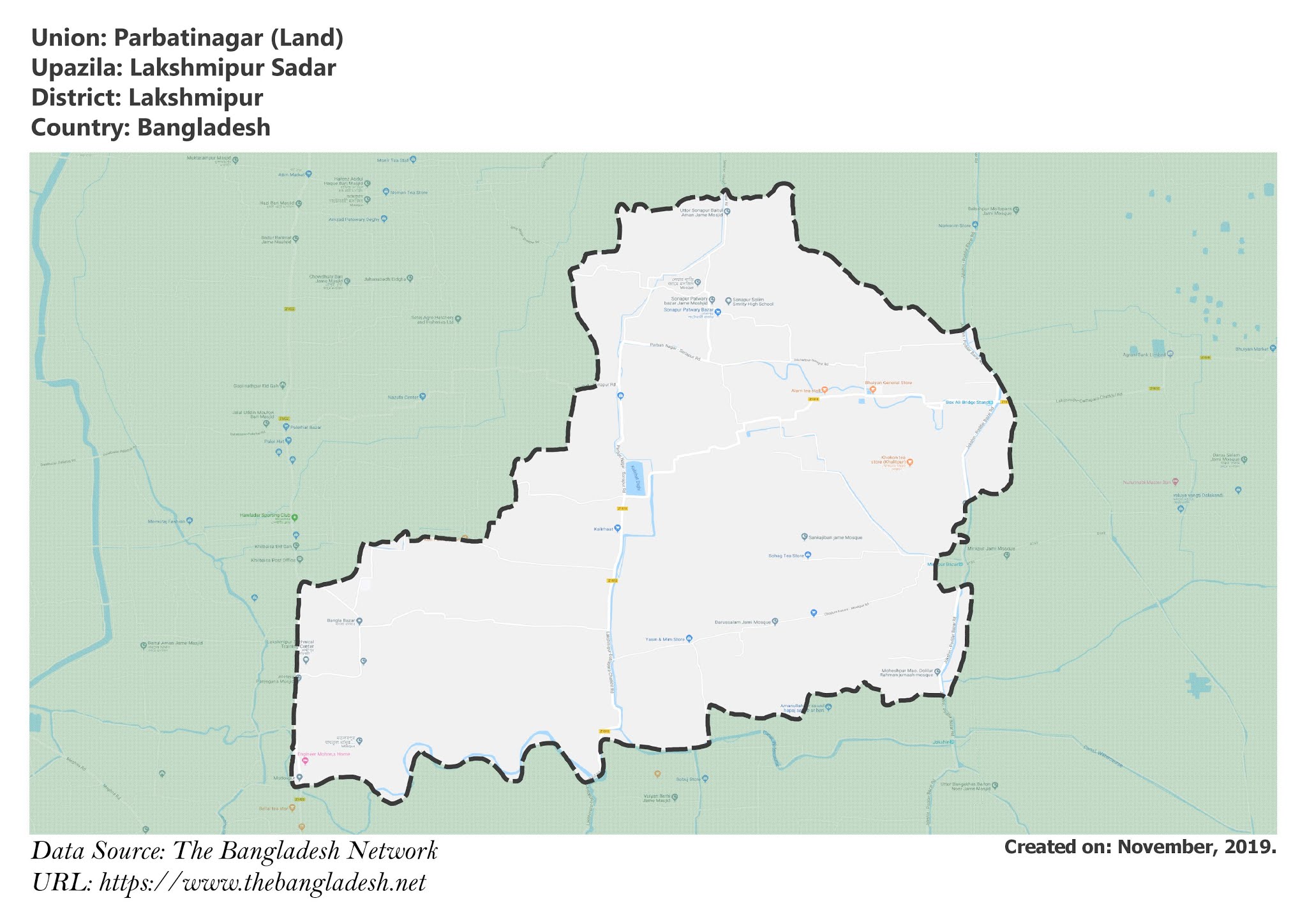 Map of Parbatinagar of Lakshmipur, Bangladesh.