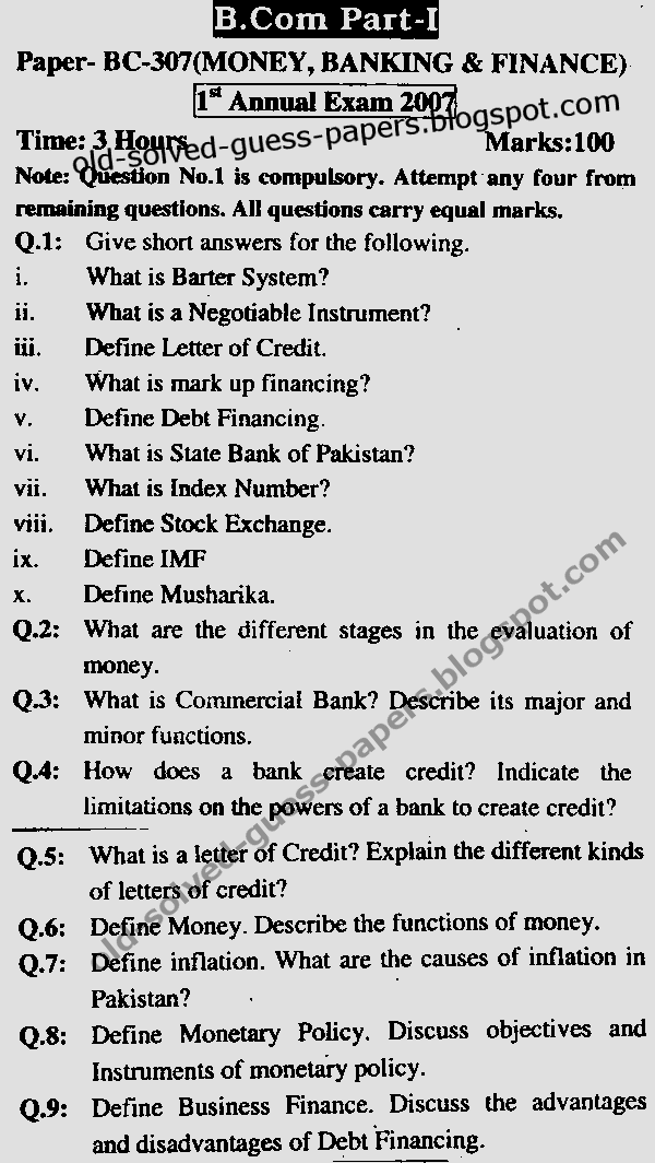 Money Banking and Finance (MBF) BC307 Old, Solved and Guess Papers